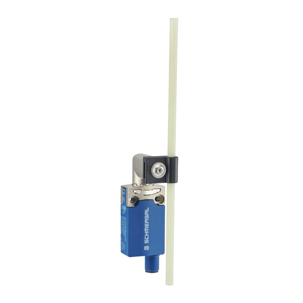 PS116Z11-STJ200 - Schmersal compact limit switch, side rotary adjustable plastic rod, 45-degree adjustable head, (1) N.O./(1) N.C. contact(s), snap action, 20-22mm hole spacing, die-cast zinc with plastic base, (1) 4-pin M12 quick-disconnect, bott...