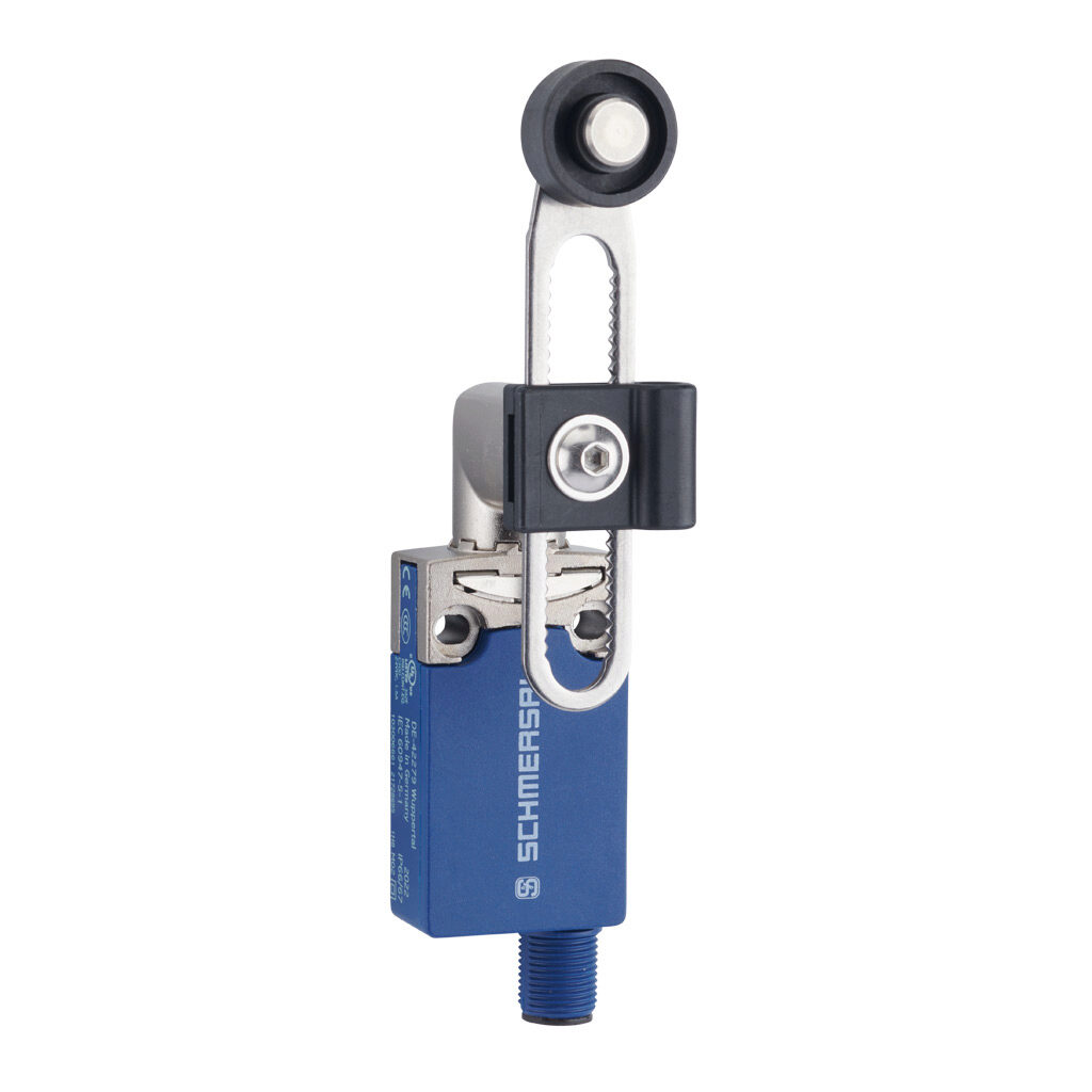 PS116Z11-STN200 - Schmersal compact limit switch, side rotary adjustable lever with plastic roller, 45-degree adjustable head, (1) N.O./(1) N.C. contact(s), snap action, 20-22mm hole spacing, die-cast zinc with plastic base, (1) 4-pin M12 quick-di...