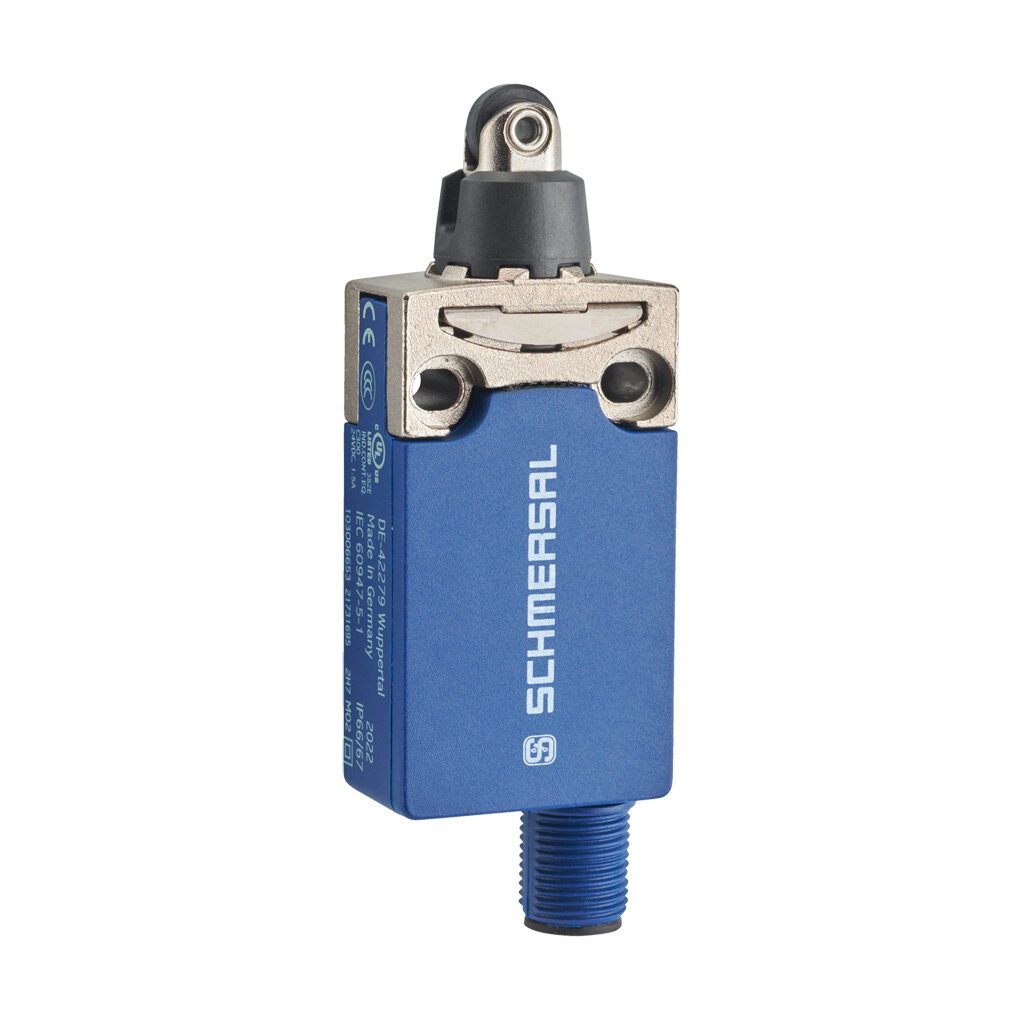 PS116Z11-STR200 - Schmersal compact limit switch, plunger with plastic roller, 45-degree adjustable head, (1) N.O./(1) N.C. contact(s), snap action, 20-22mm hole spacing, die-cast zinc with plastic base, (1) 4-pin M12 quick-disconnect, bottom exit.