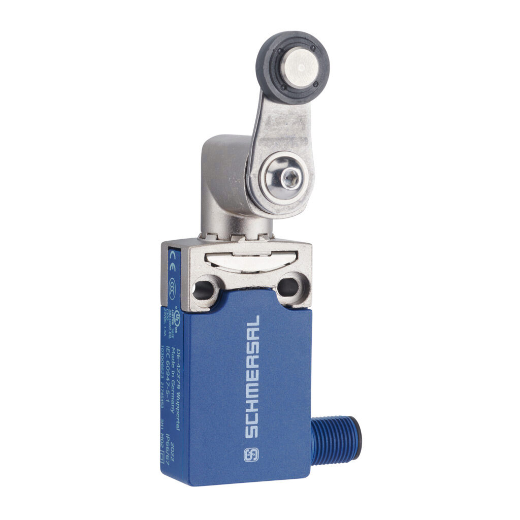 PS116Z11-STRH200 - Schmersal compact limit switch, side rotary lever with plastic roller, 45-degree adjustable head, (1) N.O./(1) N.C. contact(s), snap action, 20-22mm hole spacing, die-cast zinc with plastic base, (1) 4-pin M12 quick-disconnect, ...