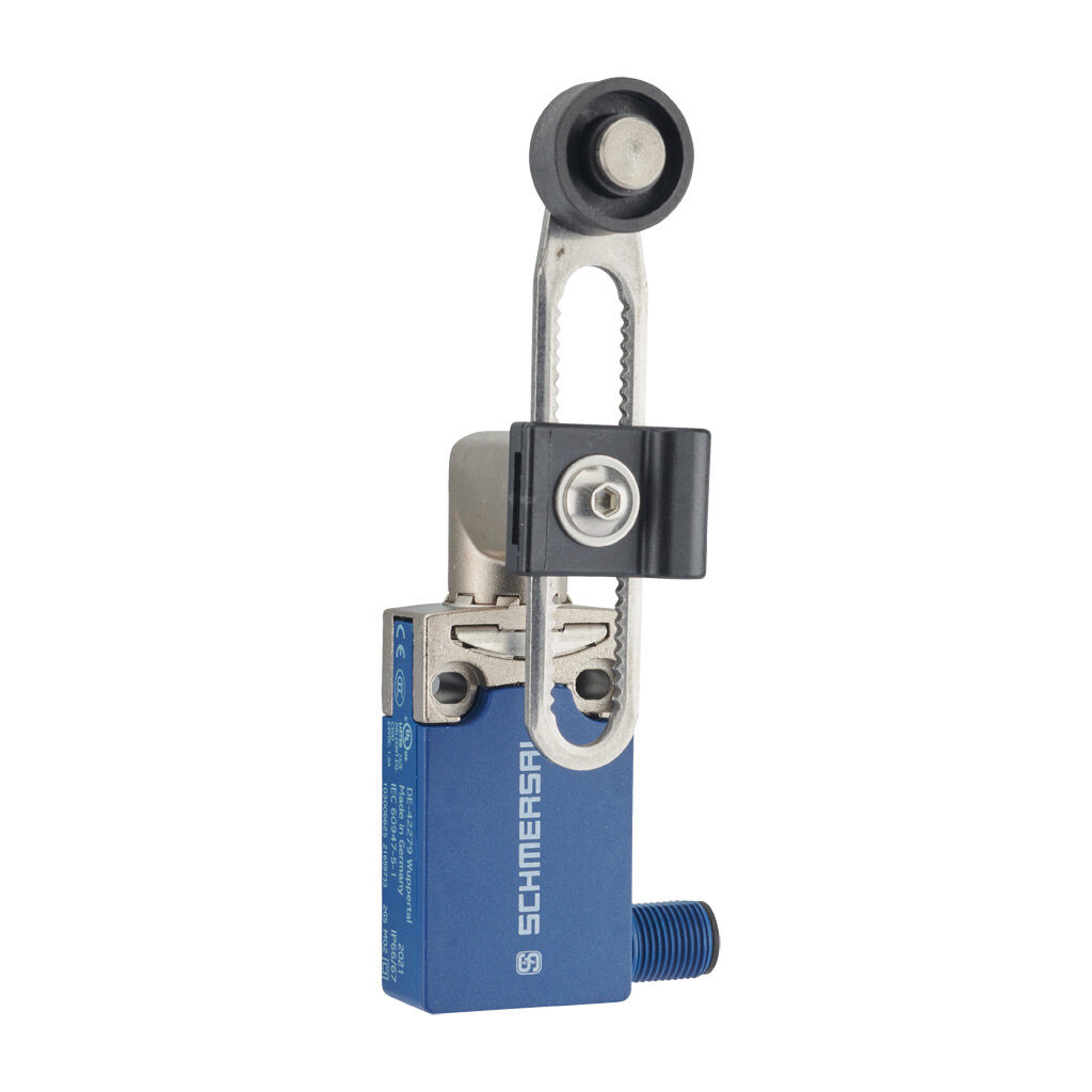 PS116Z11-STRN200 - Schmersal compact limit switch, side rotary adjustable lever with plastic roller, 45-degree adjustable head, (1) N.O./(1) N.C. contact(s), snap action, 20-22mm hole spacing, die-cast zinc with plastic base, (1) 4-pin M12 quick-d...