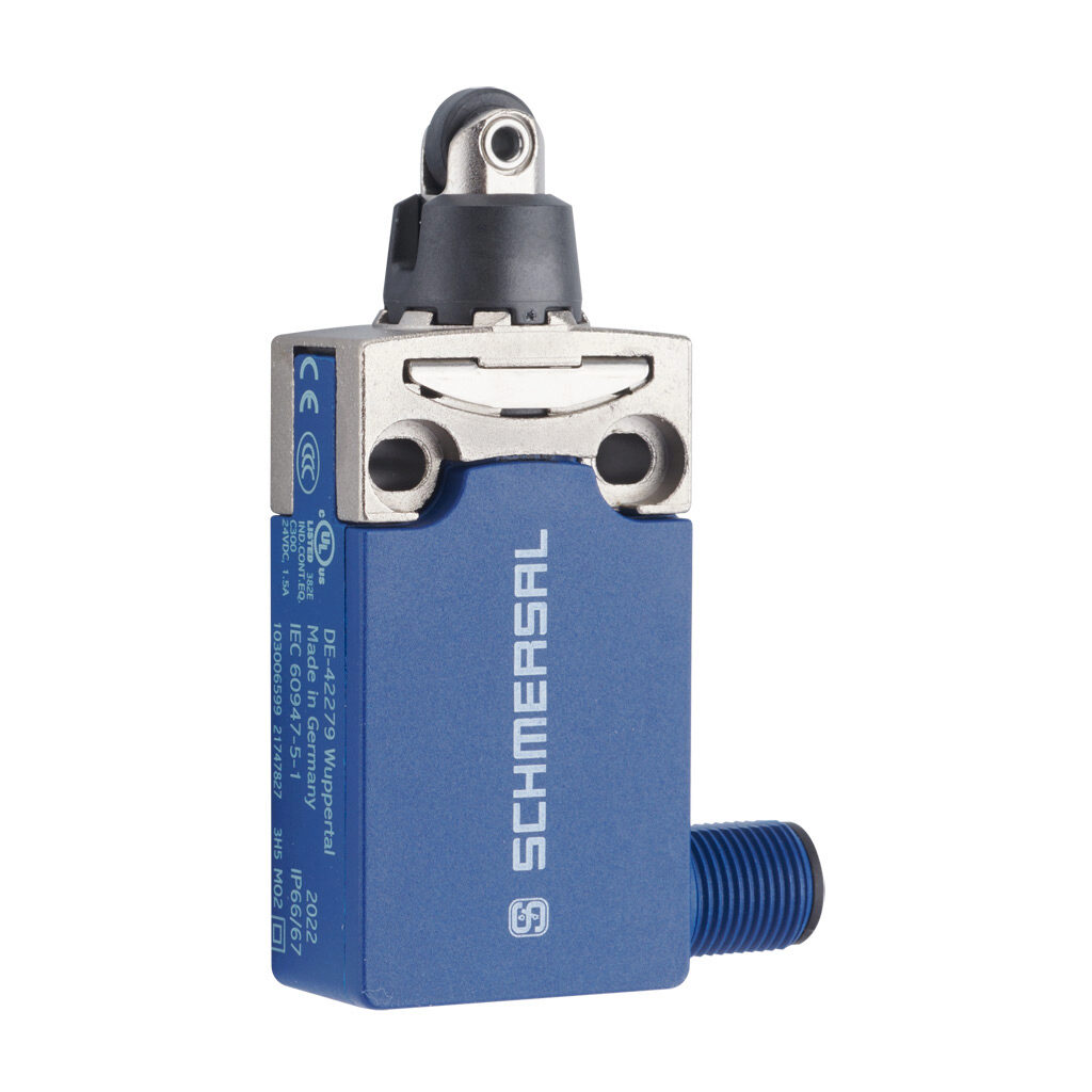 PS116Z11-STRR200 - Schmersal compact limit switch, plunger with plastic roller, 45-degree adjustable head, (1) N.O./(1) N.C. contact(s), snap action, 20-22mm hole spacing, die-cast zinc with plastic base, (1) 4-pin M12 quick-disconnect, right exit.
