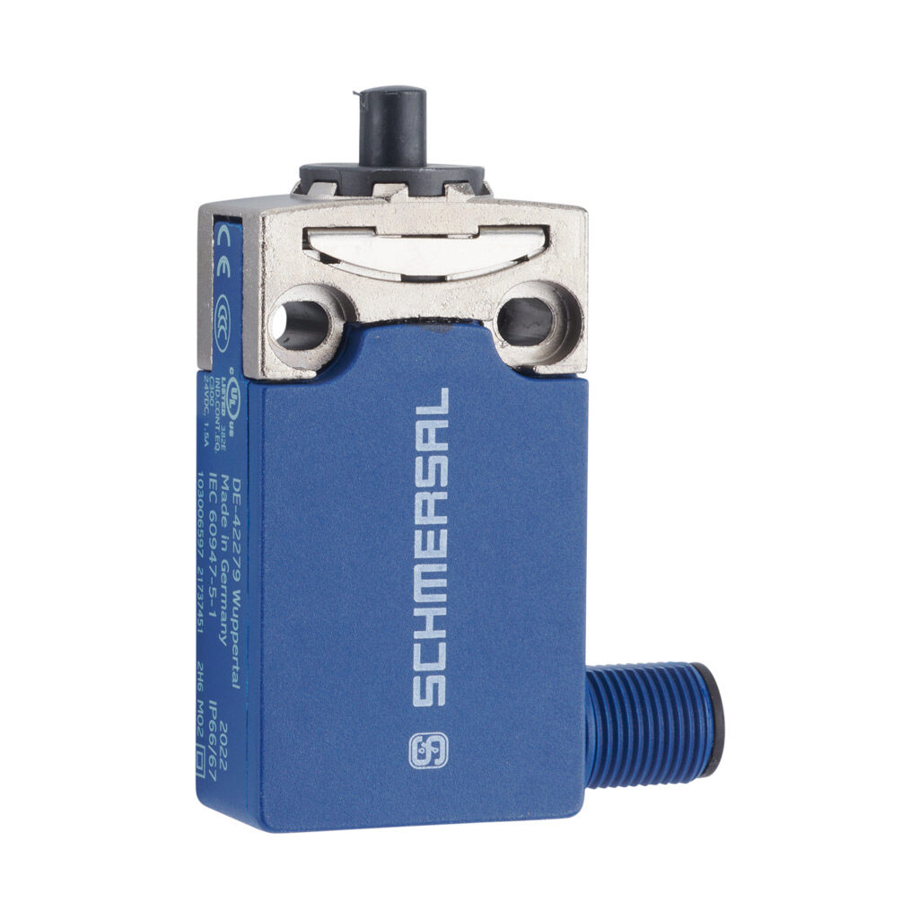 PS116Z11-STRS200 - Schmersal compact limit switch, plastic plunger, 45-degree adjustable head, (1) N.O./(1) N.C. contact(s), snap action, 20-22mm hole spacing, die-cast zinc with plastic base, (1) 4-pin M12 quick-disconnect, right exit.