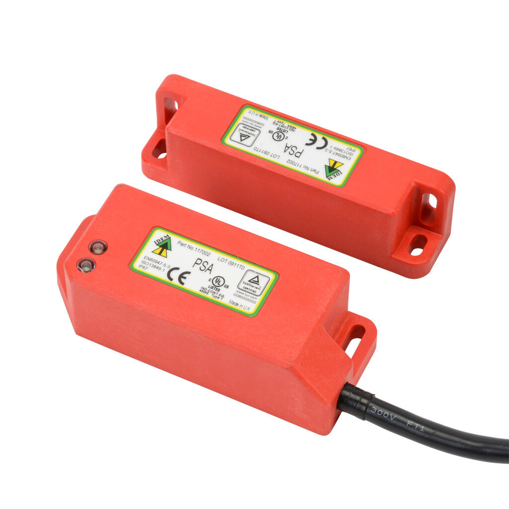PSA-117002 - IDEM standalone safety switch set, non-contact coded magnetic, manual or automatic restart, (2) N.C. safety output(s), (1) status monitoring output(s), polyester housing, 38mm x 95mm body, pigtail, 16.4ft/5m cable length.