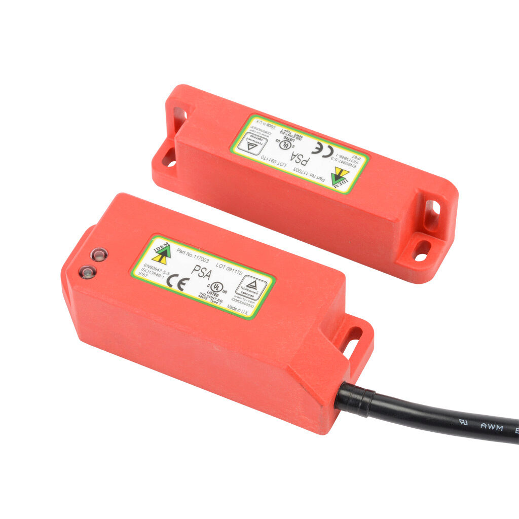 PSA-117003 - IDEM standalone safety switch set, non-contact coded magnetic, manual or automatic restart, (2) N.C. safety output(s), (1) status monitoring output(s), polyester housing, 38mm x 95mm body, pigtail, 32.8ft/10m cable length.