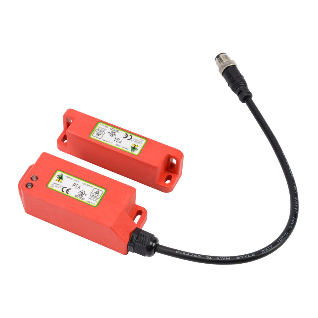 PSA-117004 - IDEM standalone safety switch set, non-contact coded magnetic, automatic restart, (2) N.C. safety output(s), polyester housing, 38mm x 95mm body, 8-pin M12 quick-disconnect, 9.8in/250mm cable length.