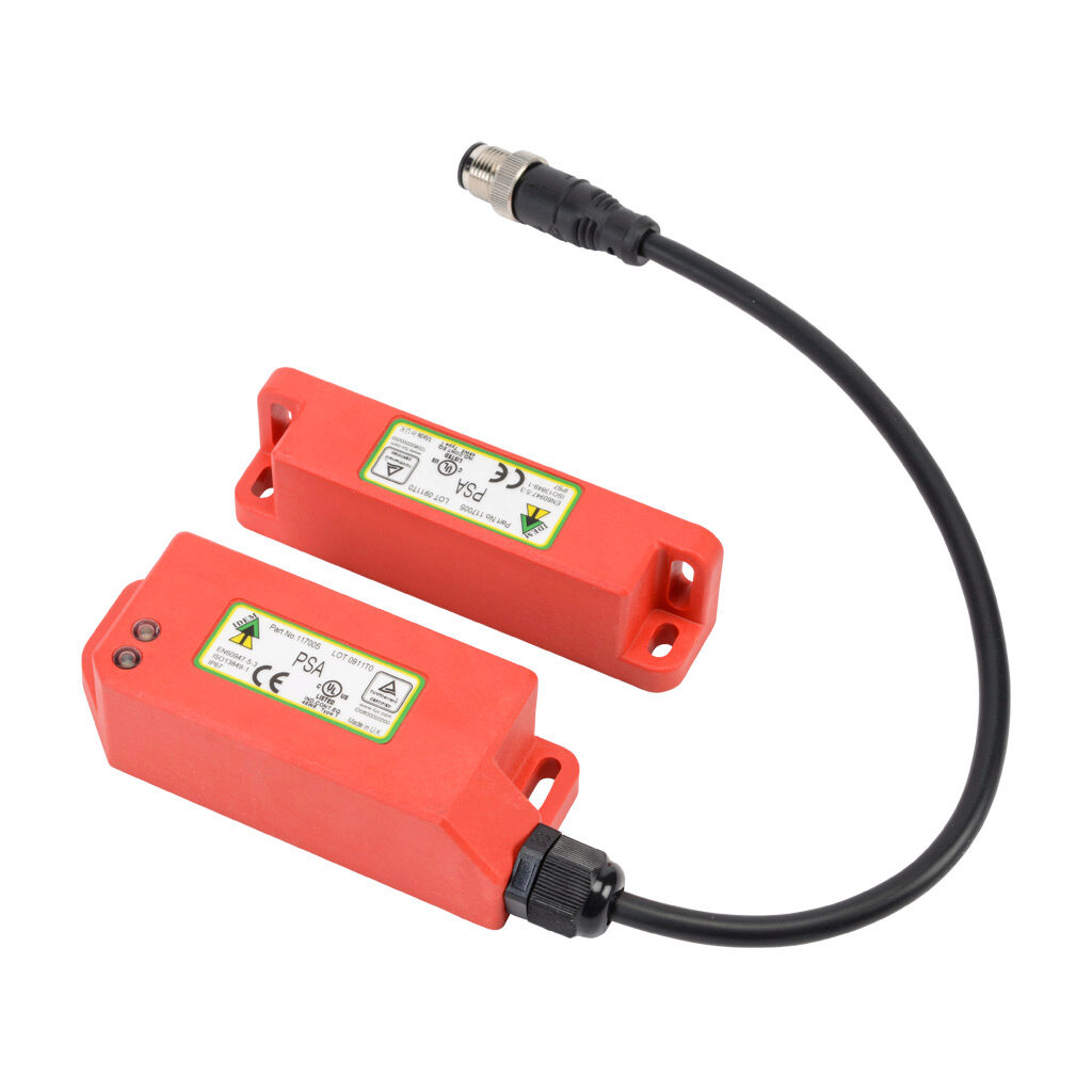 PSA-117005 - IDEM standalone safety switch set, non-contact coded magnetic, manual restart, (2) N.C. safety output(s), polyester housing, 38mm x 95mm body, 8-pin M12 quick-disconnect, 9.8in/250mm cable length.