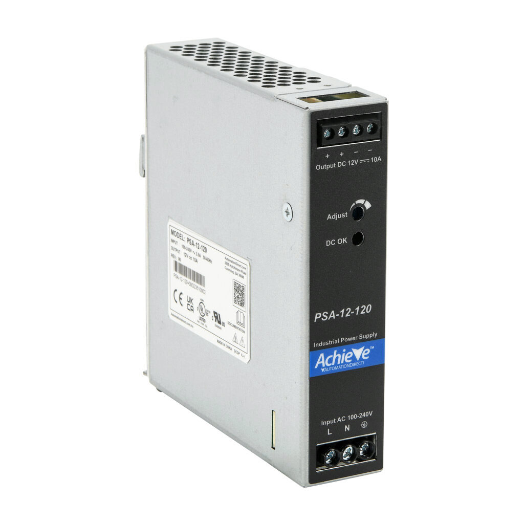 PSA-12-120 - AchieVe PSA series switching power supply, 12 VDC @ 10A/120W, 120 VAC and 240 VAC nominal input, 1-phase, enclosed, aluminum housing, 35mm DIN rail mount, screw terminals.