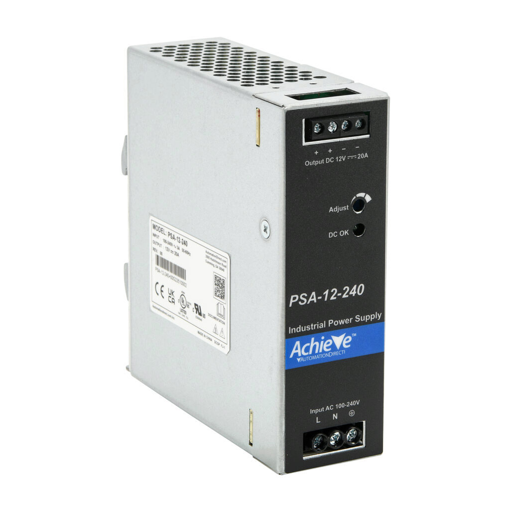 PSA-12-240 - AchieVe PSA series switching power supply, 12 VDC @ 20A/240W, 120 VAC and 240 VAC nominal input, 1-phase, enclosed, aluminum housing, 35mm DIN rail mount, screw terminals.