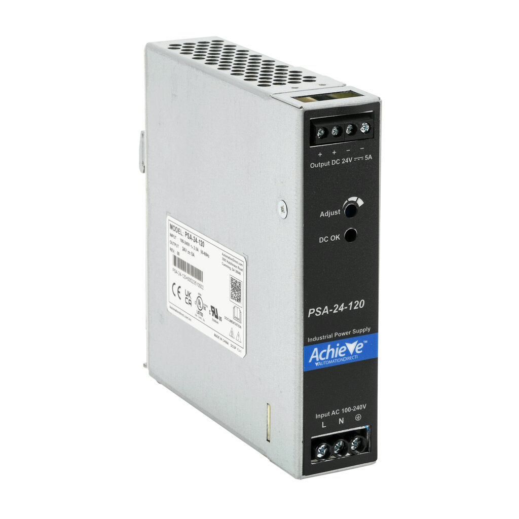 PSA-24-120 - AchieVe PSA series switching power supply, 24 VDC @ 5A/120W, 120 VAC and 240 VAC nominal input, 1-phase, enclosed, aluminum housing, 35mm DIN rail mount, screw terminals.