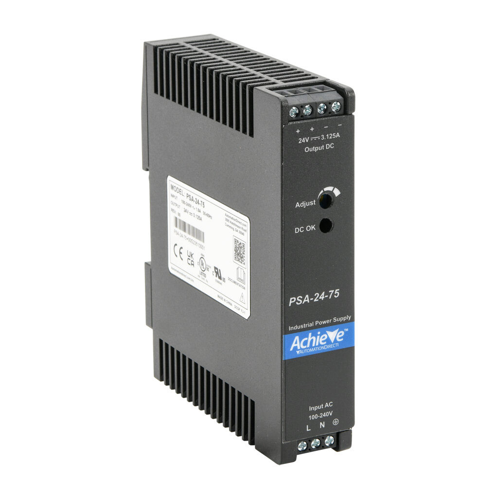 PSA-24-75 - AchieVe PSA series switching power supply, 24 VDC @ 3.125A/75W, 120 VAC and 240 VAC nominal input, 1-phase, enclosed, plastic housing, 35mm DIN rail mount, screw terminals.