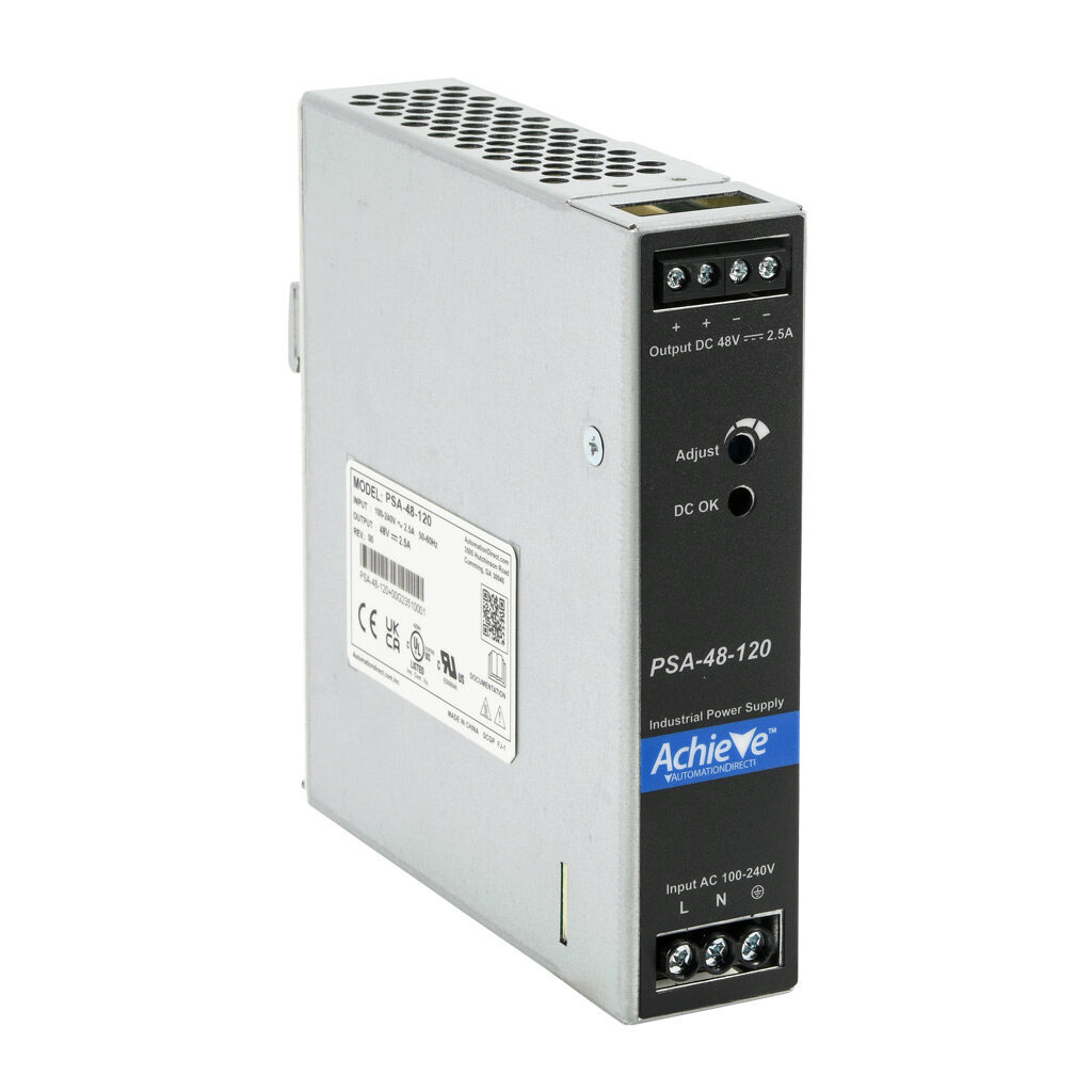PSA-48-120 - AchieVe PSA series switching power supply, 48 VDC @ 2.5A/120W, 120 VAC and 240 VAC nominal input, 1-phase, enclosed, aluminum housing, 35mm DIN rail mount, screw terminals.