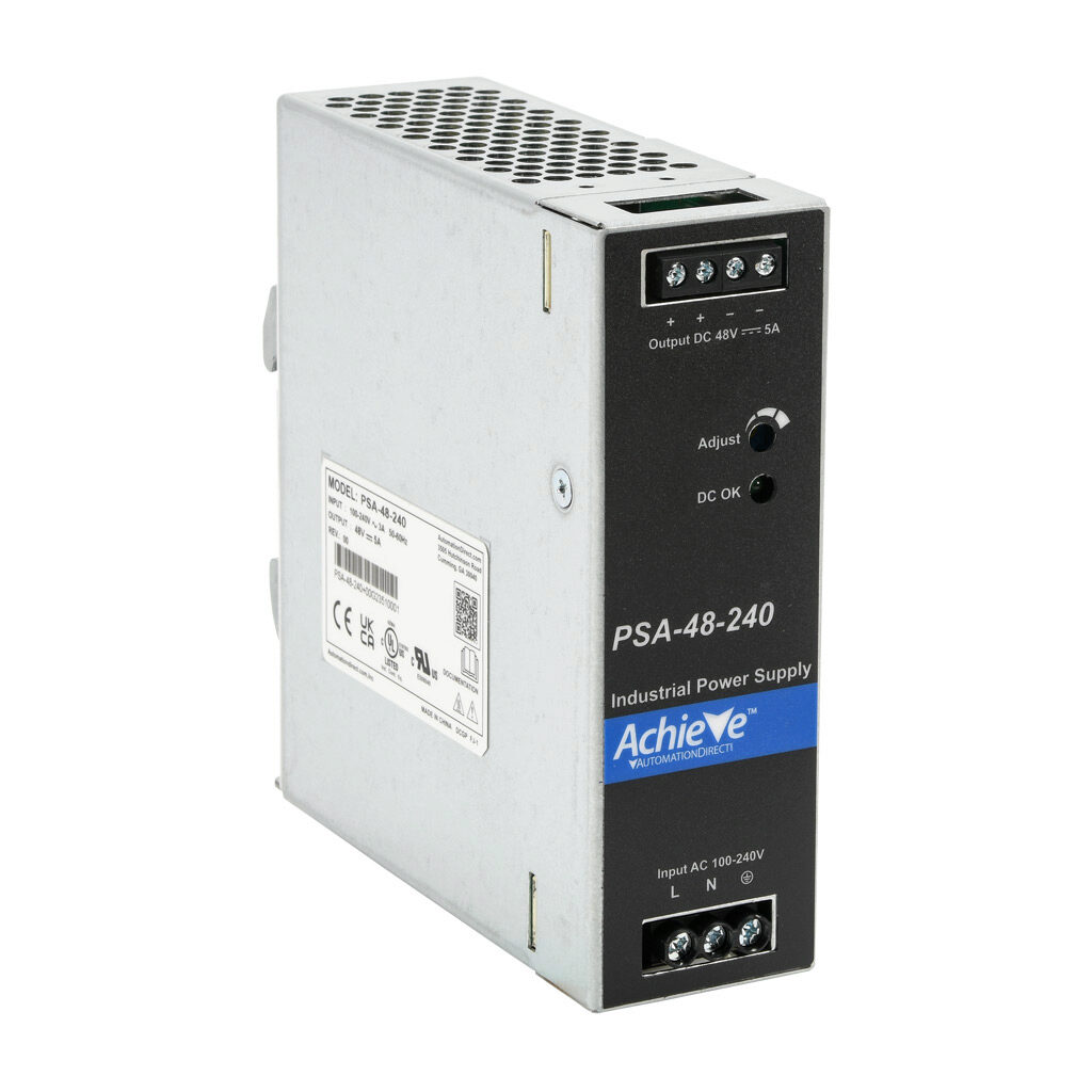 PSA-48-240 - AchieVe PSA series switching power supply, 48 VDC @ 5A/240W, 120 VAC and 240 VAC nominal input, 1-phase, enclosed, aluminum housing, 35mm DIN rail mount, screw terminals.