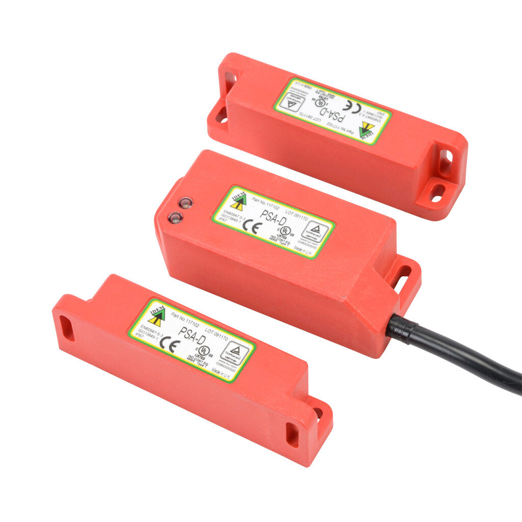 PSA-D-117102 - IDEM standalone safety switch set, dual non-contact coded magnetic, manual or automatic restart, (2) N.C. safety output(s), (1) status monitoring output(s), polyester housing, 38mm x 95mm body, pigtail, 16.4ft/5m cable length.