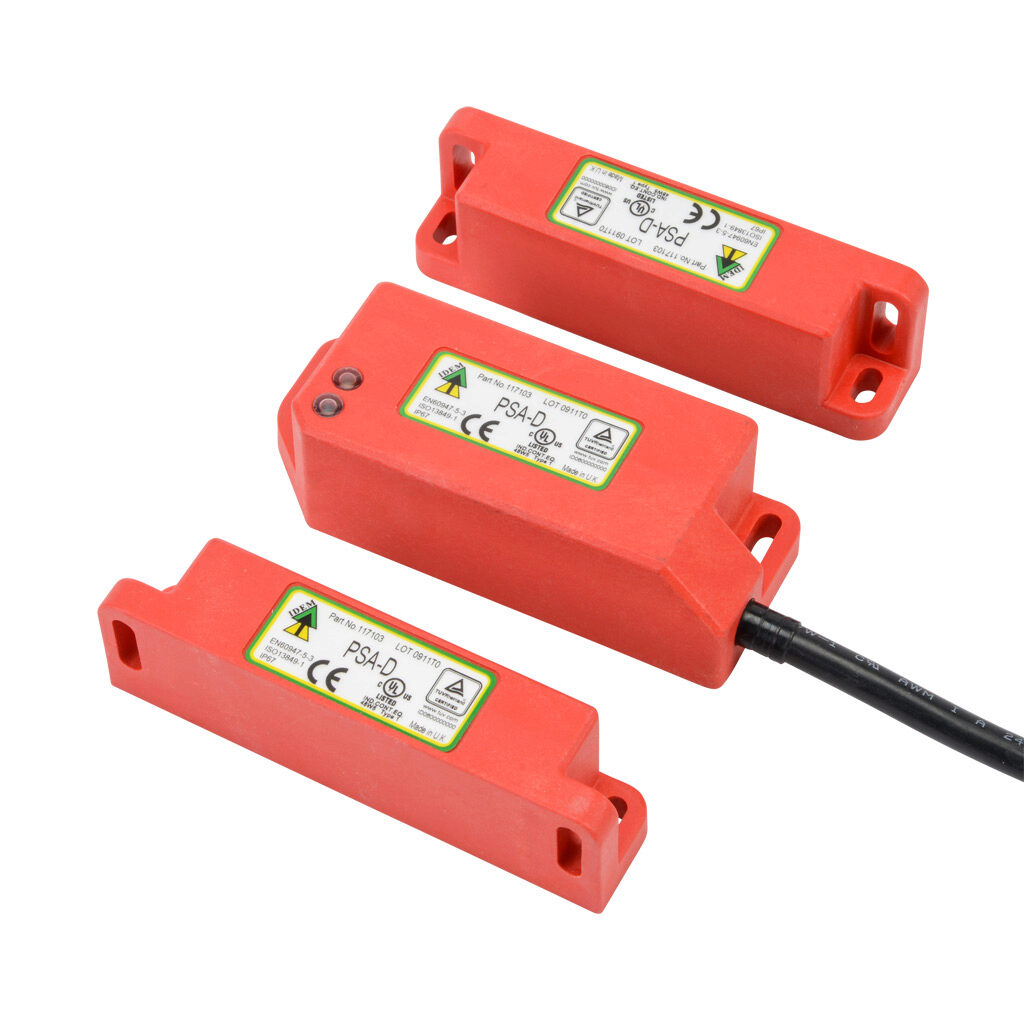 PSA-D-117103 - IDEM standalone safety switch set, dual non-contact coded magnetic, manual or automatic restart, (2) N.C. safety output(s), (1) status monitoring output(s), polyester housing, 38mm x 95mm body, pigtail, 32.8ft/10m cable length.