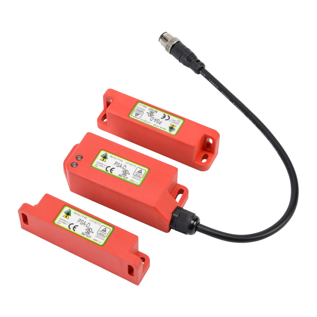 PSA-D-117104 - IDEM standalone safety switch set, dual non-contact coded magnetic, automatic restart, (2) N.C. safety output(s), polyester housing, 38mm x 95mm body, 8-pin M12 quick-disconnect, 9.8in/250mm cable length.