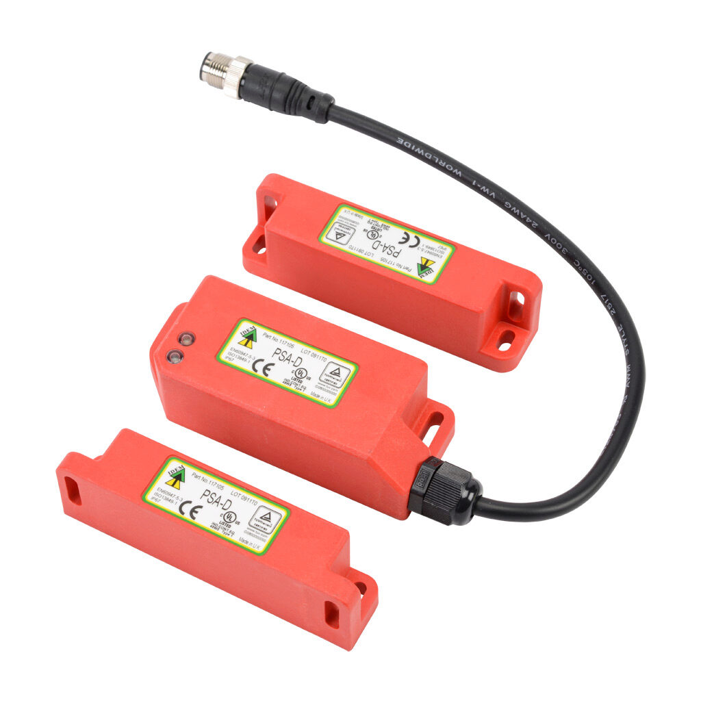 PSA-D-117105 - IDEM standalone safety switch set, dual non-contact coded magnetic, manual restart, (2) N.C. safety output(s), polyester housing, 38mm x 95mm body, 8-pin M12 quick-disconnect, 9.8in/250mm cable length.