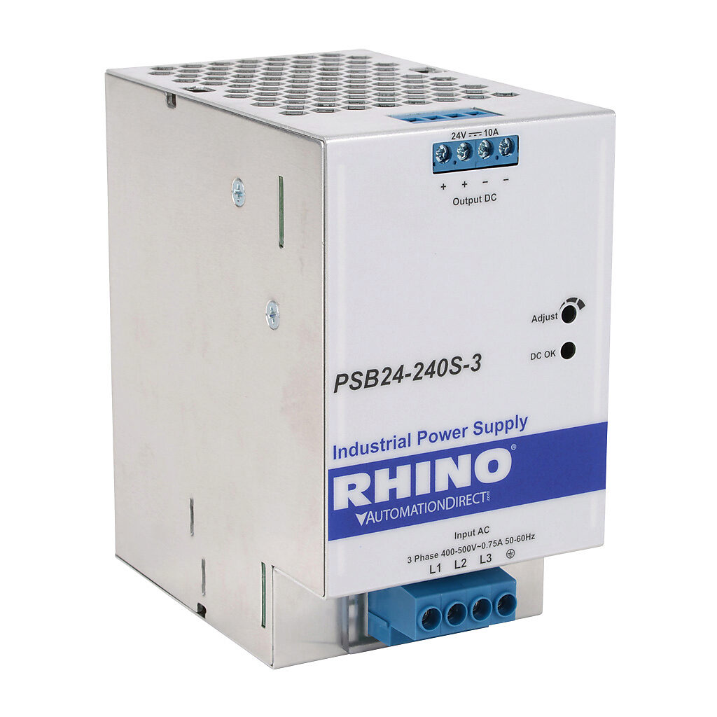 PSB24-240S-3 - RHINO SELECT PSB series switching power supply, 24 VDC @ 10A/240W, 480 VAC nominal input, 3-phase, enclosed, aluminum housing, 35mm DIN rail mount, screw terminals.