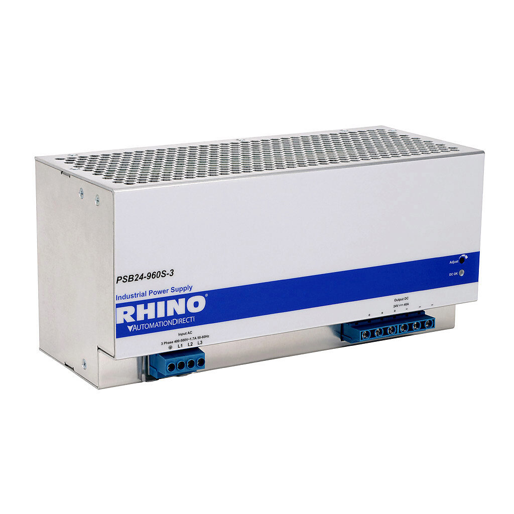 PSB24-960S-3 - RHINO SELECT PSB series switching power supply, 24 VDC @ 40A/960W, 480 VAC nominal input, 3-phase, enclosed, aluminum housing, 35mm DIN rail mount, screw terminals.