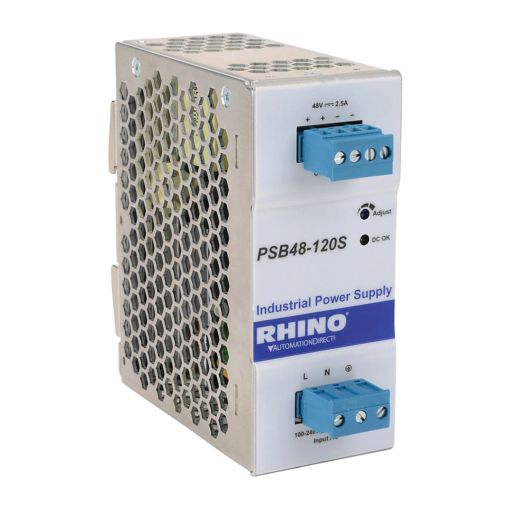 PSB48-120S - RHINO SELECT PSB series switching power supply, 48 VDC @ 2.5A/120W, 120 VAC and 240 VAC nominal input, 1-phase, enclosed, aluminum housing, 35mm DIN rail mount, removable screw terminal, hazardous location rated.