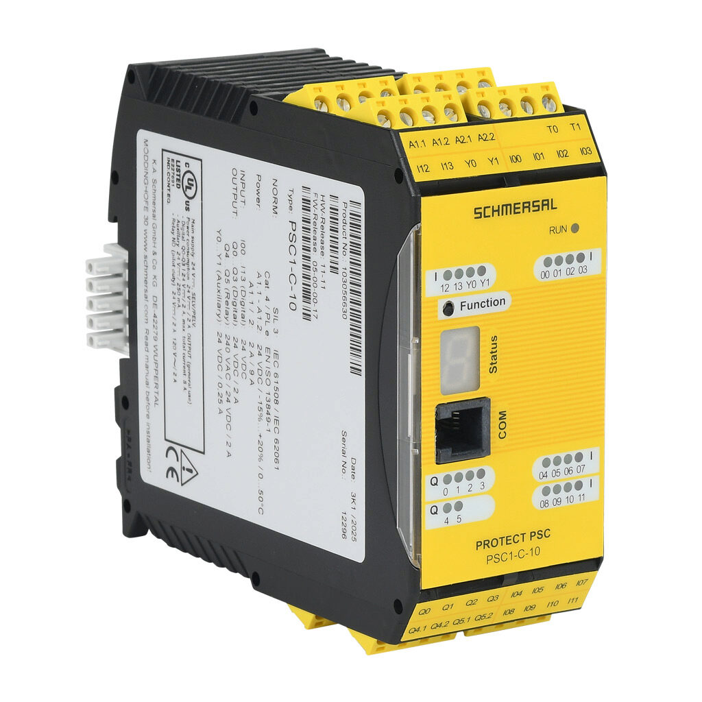 PSC1-C-10 - Schmersal PSC1-10 master safety controller, (14) digital safety input(s), (4) fail safe digital and (2) relay safety output(s), (2) status monitoring output(s), pluggable screw terminals.