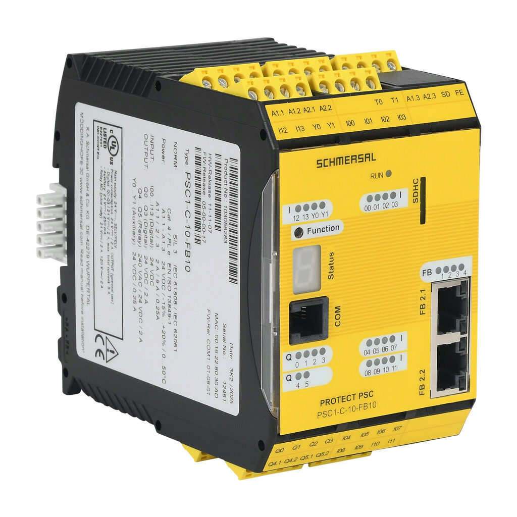 PSC1-C-10-FB10 - Schmersal PSC1-10 master safety controller, (14) digital safety input(s), (4) fail safe digital and (2) relay safety output(s), (2) status monitoring output(s), EtherCAT, PROFINET and EtherNet/IP, pluggable screw terminals.