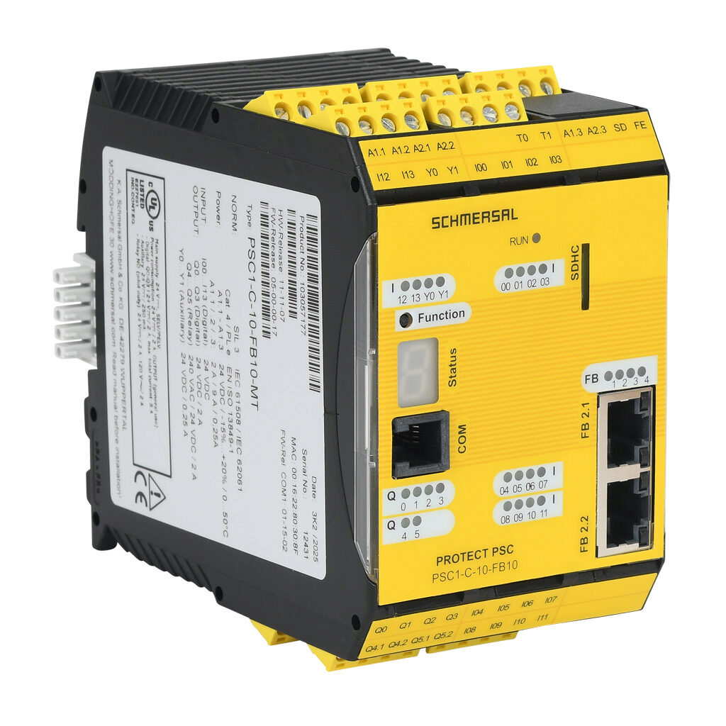 PSC1-C-10-FB10-MT - Schmersal PSC1-10 master safety controller, (14) digital safety input(s), (4) fail safe digital and (2) relay safety output(s), (2) status monitoring output(s), Modbus TCP, pluggable screw terminals.