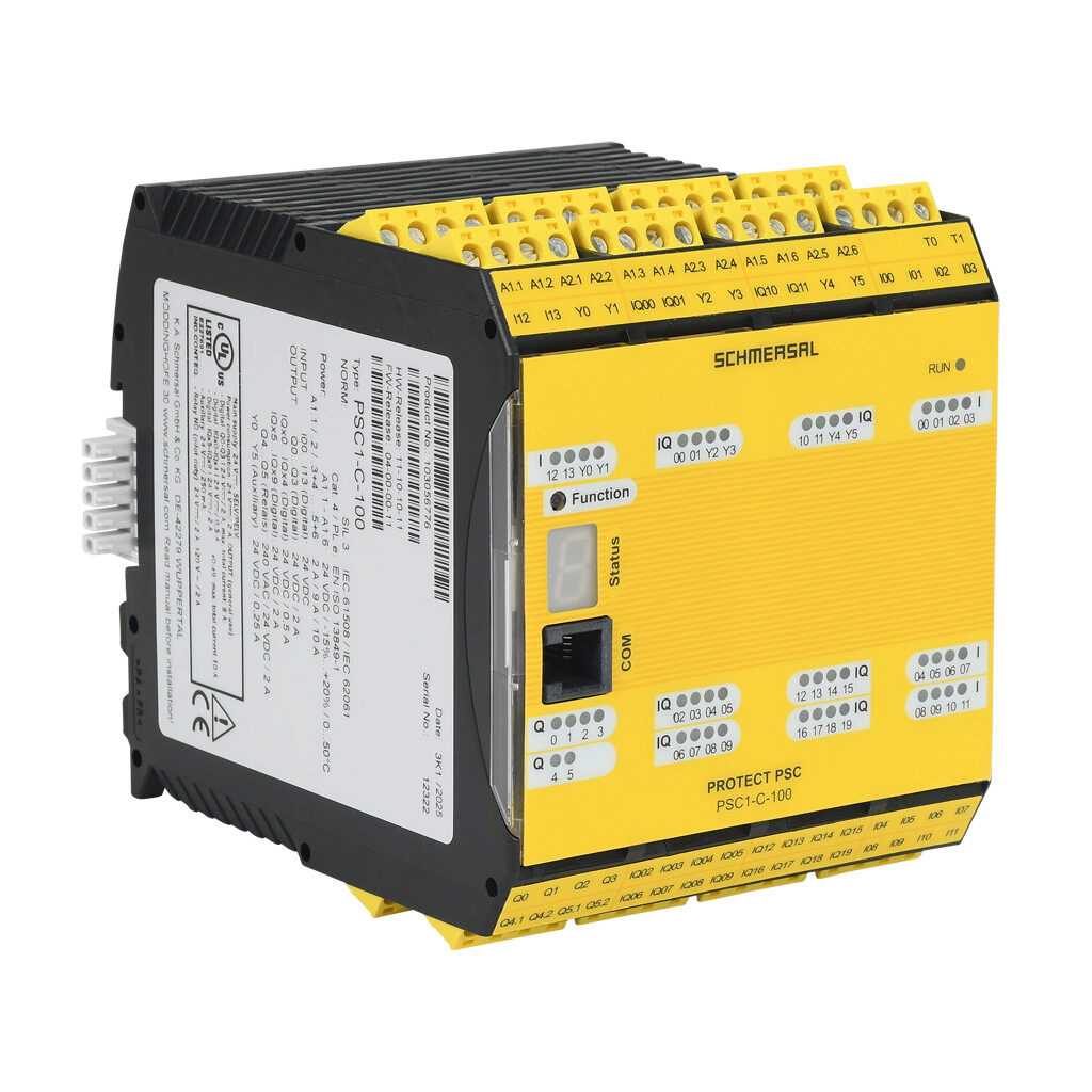 PSC1-C-100 - Schmersal PSC1-100 master safety controller, (14) digital safety input(s), (4) fail safe digital and (2) relay safety output(s), (6) status monitoring output(s), (20) fail safe digital configurable I/O, pluggable screw terminals.