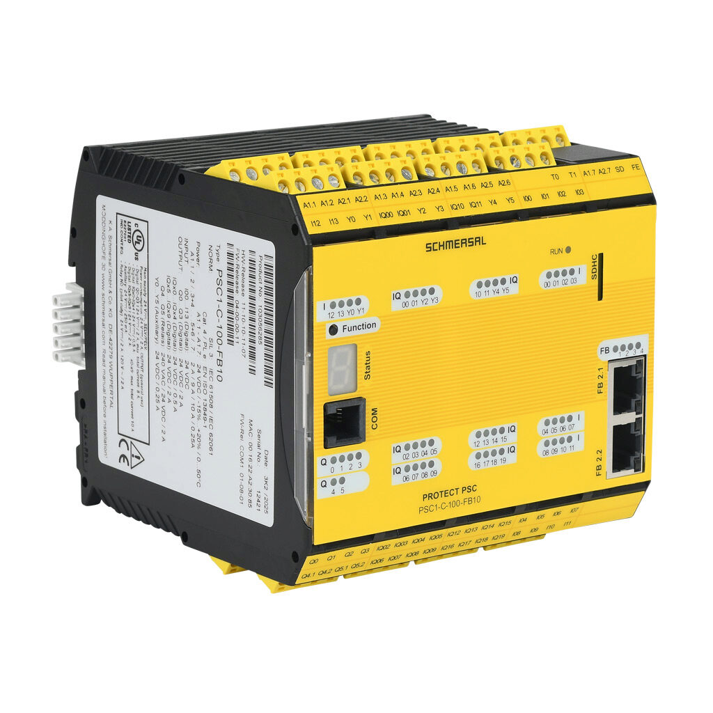 PSC1-C-100-FB10 - Schmersal PSC1-100 master safety controller, (14) digital safety input(s), (4) fail safe digital and (2) relay safety output(s), (6) status monitoring output(s), EtherCAT, PROFINET and EtherNet/IP, (20) fail safe digital configur...
