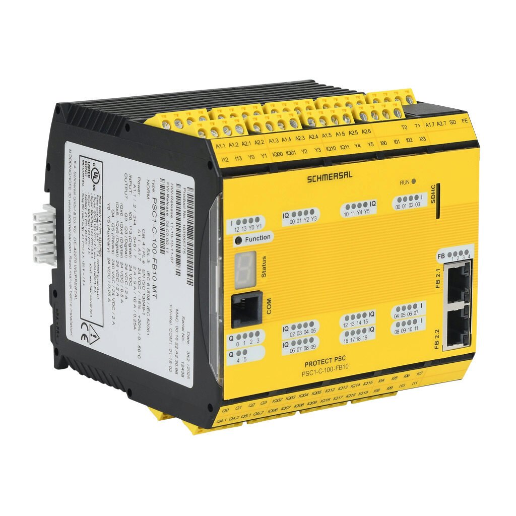 PSC1-C-100-FB10-MT - Schmersal PSC1-100 master safety controller, (14) digital safety input(s), (4) fail safe digital and (2) relay safety output(s), (6) status monitoring output(s), Modbus TCP, (20) fail safe digital configurable I/O, pluggable s...