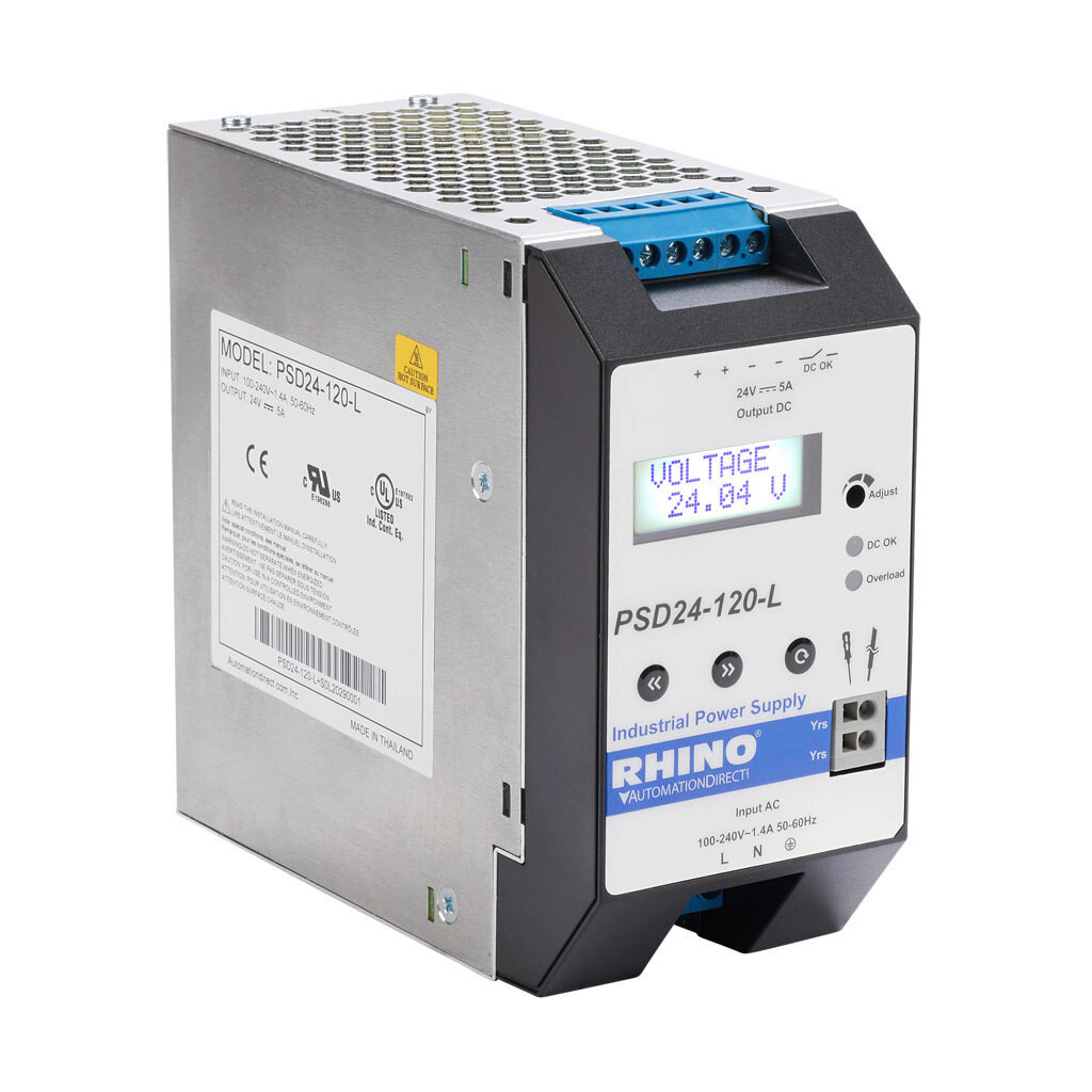 PSD24-120-L - RHINO PRO PSD series switching power supply, 24 VDC @ 5A/120W, 120 VAC and 240 VAC nominal input, 1-phase, enclosed, aluminum housing, LCD display, 35mm DIN rail mount, screw terminals.