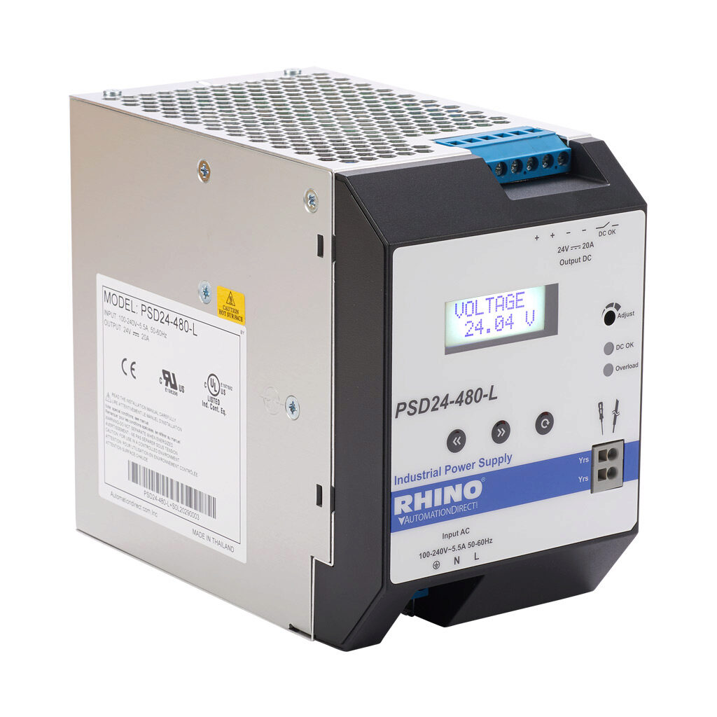 PSD24-480-L - RHINO PRO PSD series switching power supply, 24 VDC @ 20A/480W, 120 VAC and 240 VAC nominal input, 1-phase, enclosed, aluminum housing, LCD display, 35mm DIN rail mount, screw terminals.