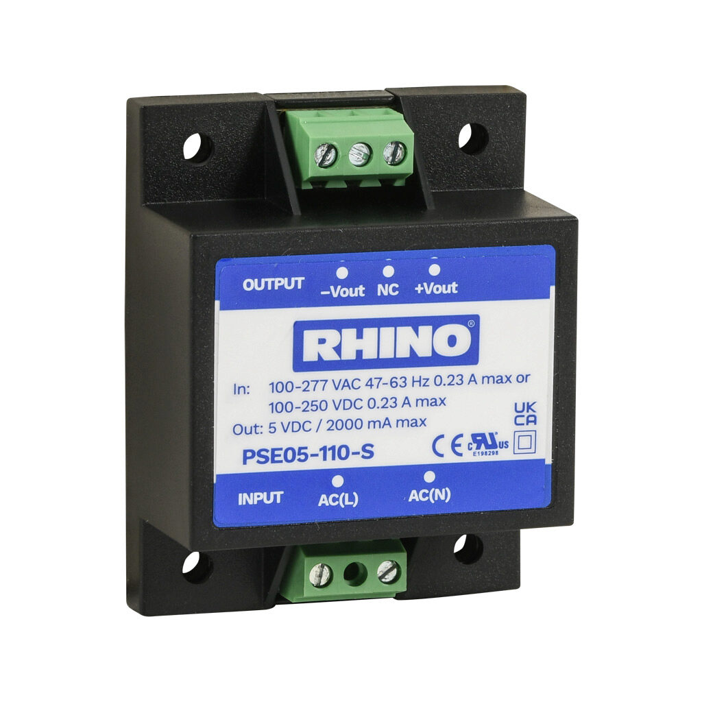 PSE05-110-S - RHINO PSE-S series switching power supply, 5 VDC @ 2A/10W, 120 VAC and 240 VAC nominal input, 1-phase, encapsulated, plastic resin and fiberglass housing, chassis mount, screw terminals.