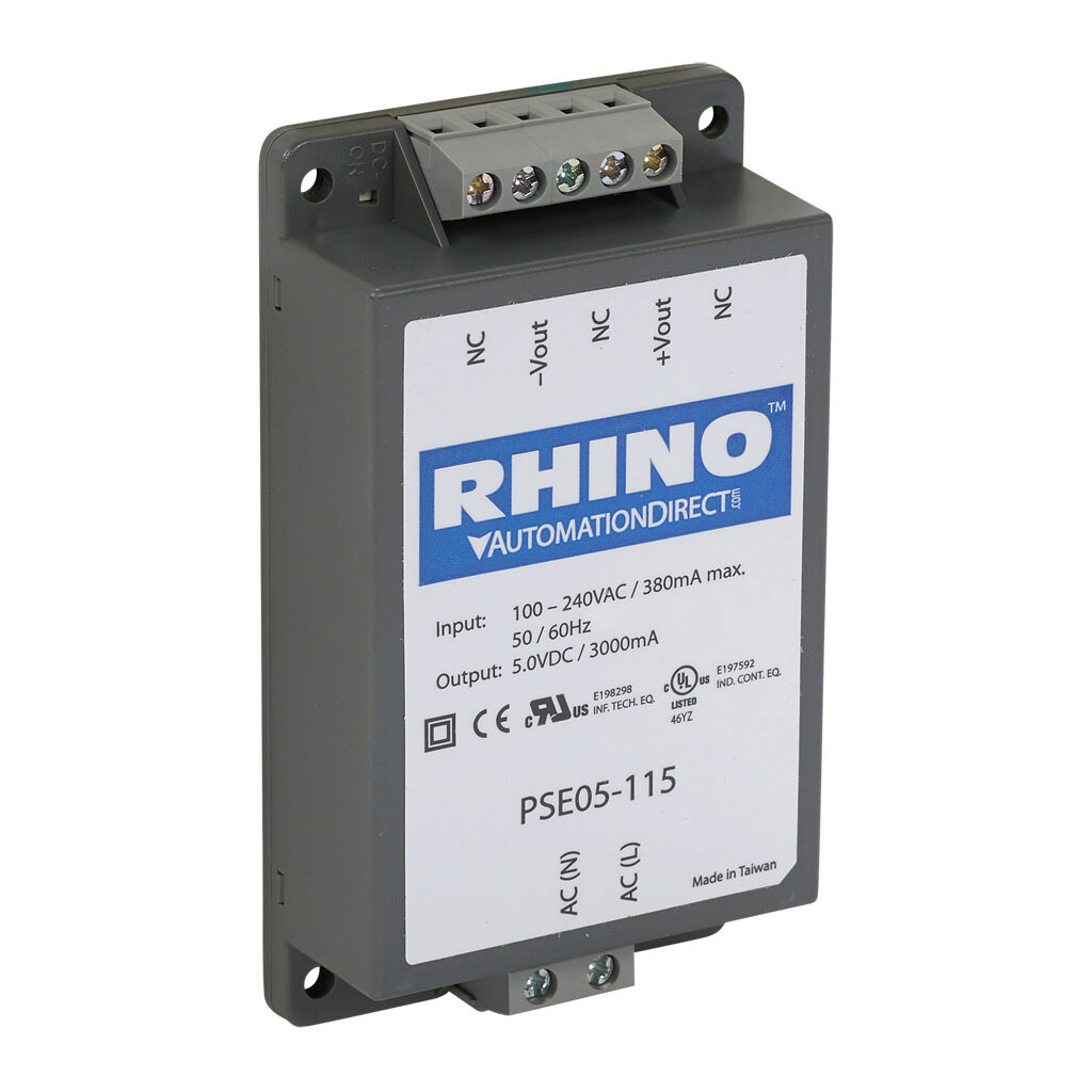 PSE05-115 - RHINO PSE series switching power supply, 5 VDC @ 3A/15W, 120 VAC and 240 VAC nominal input, 1-phase, encapsulated, plastic resin and fiberglass housing, chassis mount, screw terminals.