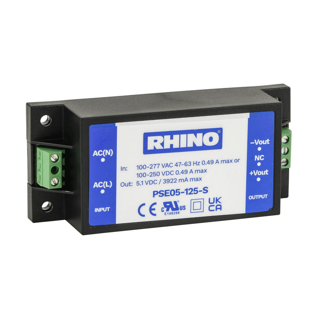 PSE05-125-S - RHINO PSE-S series switching power supply, 5.1 VDC @ 3.9A/20W, 120 VAC and 240 VAC nominal input, 1-phase, encapsulated, plastic resin and fiberglass housing, chassis mount, screw terminals.