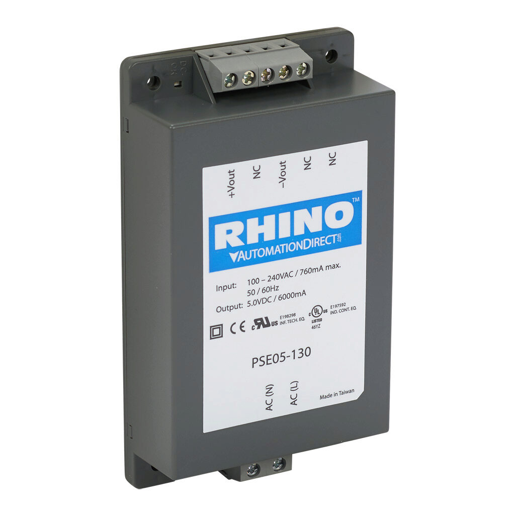 PSE05-130 - RHINO PSE series switching power supply, 5 VDC @ 6A/30W, 120 VAC and 240 VAC nominal input, 1-phase, encapsulated, plastic resin and fiberglass housing, chassis mount, screw terminals.
