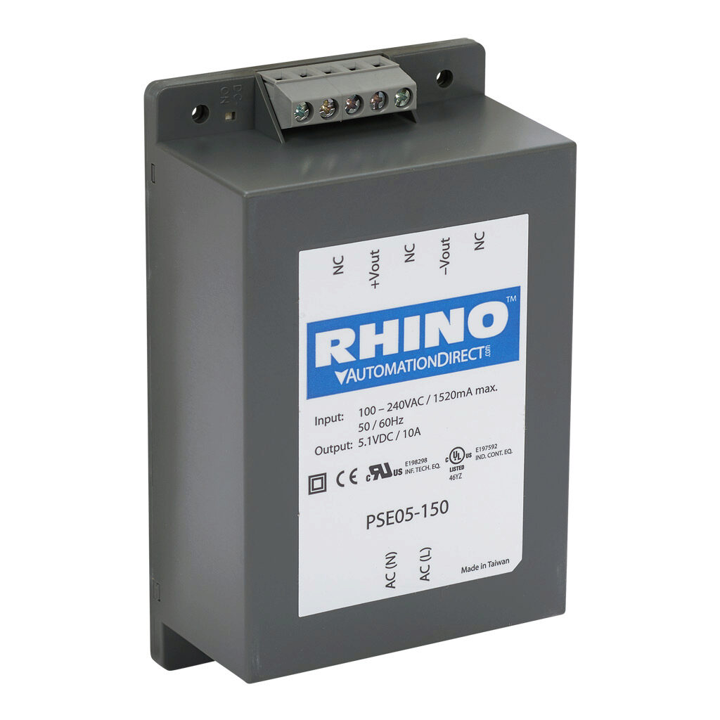 PSE05-150 - RHINO PSE series switching power supply, 5.1 VDC @ 10A/51W, 120 VAC and 240 VAC nominal input, 1-phase, encapsulated, plastic resin and fiberglass housing, chassis mount, screw terminals.