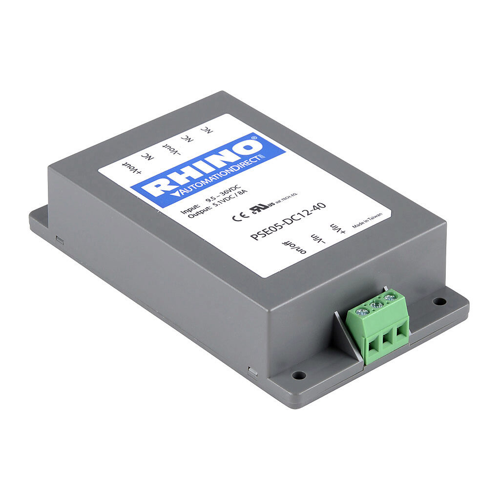 PSE05-DC12-40 - RHINO DC to DC converter, 9.5-36 VDC input, 5.1 VDC output, 8A, 40W, plastic housing, encapsulated, chassis mount, screw terminal.