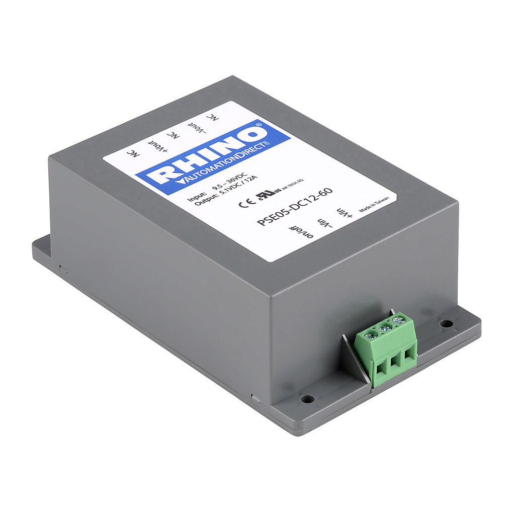 PSE05-DC12-60 - RHINO DC to DC converter, 9.5-36 VDC input, 5.1 VDC output, 12A, 60W, plastic housing, encapsulated, chassis mount, screw terminal.