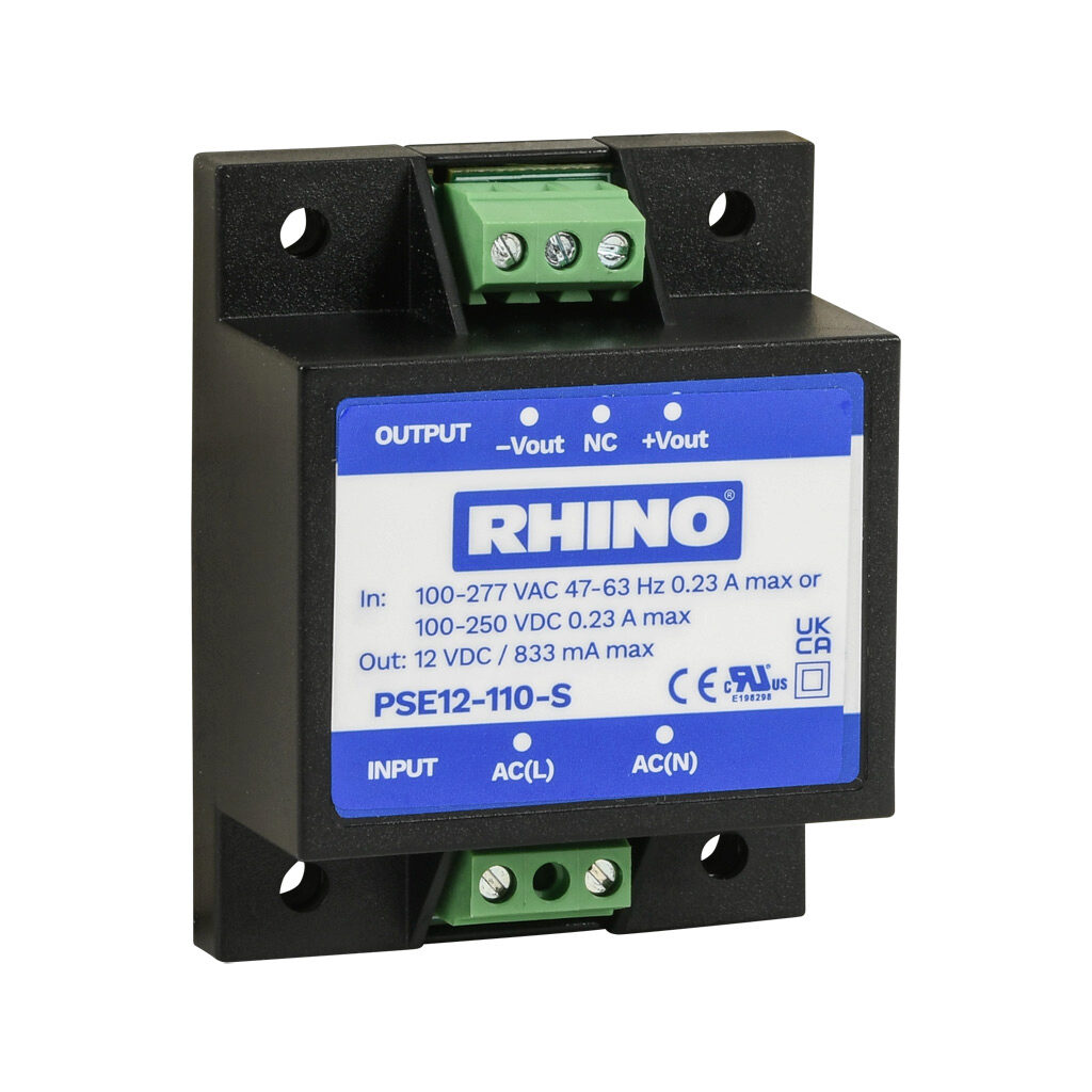 PSE12-110-S - RHINO PSE-S series switching power supply, 12 VDC @ 0.8A/10W, 120 VAC and 240 VAC nominal input, 1-phase, encapsulated, plastic resin and fiberglass housing, chassis mount, screw terminals.