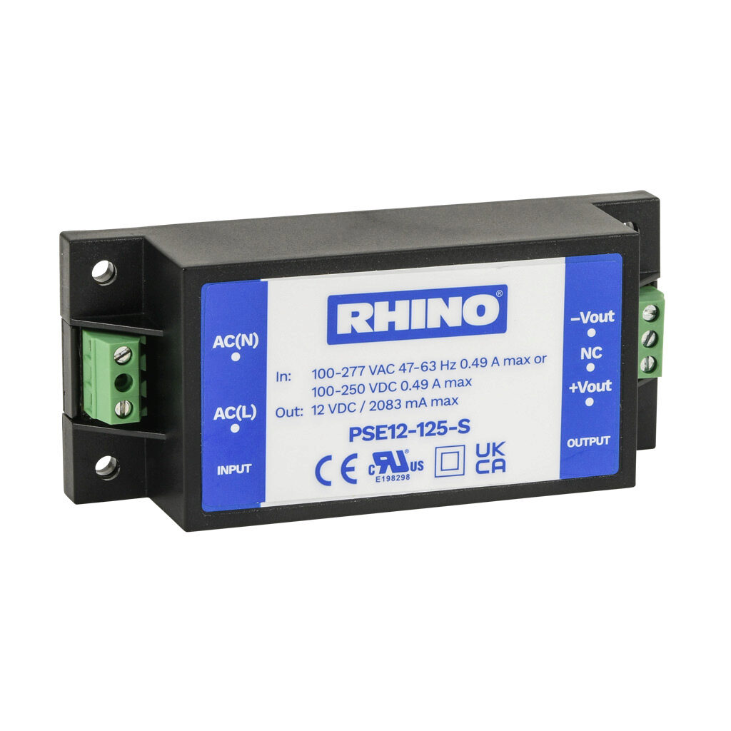 PSE12-125-S - RHINO PSE-S series switching power supply, 12 VDC @ 2.1A/25W, 120 VAC and 240 VAC nominal input, 1-phase, encapsulated, plastic resin and fiberglass housing, chassis mount, screw terminals.