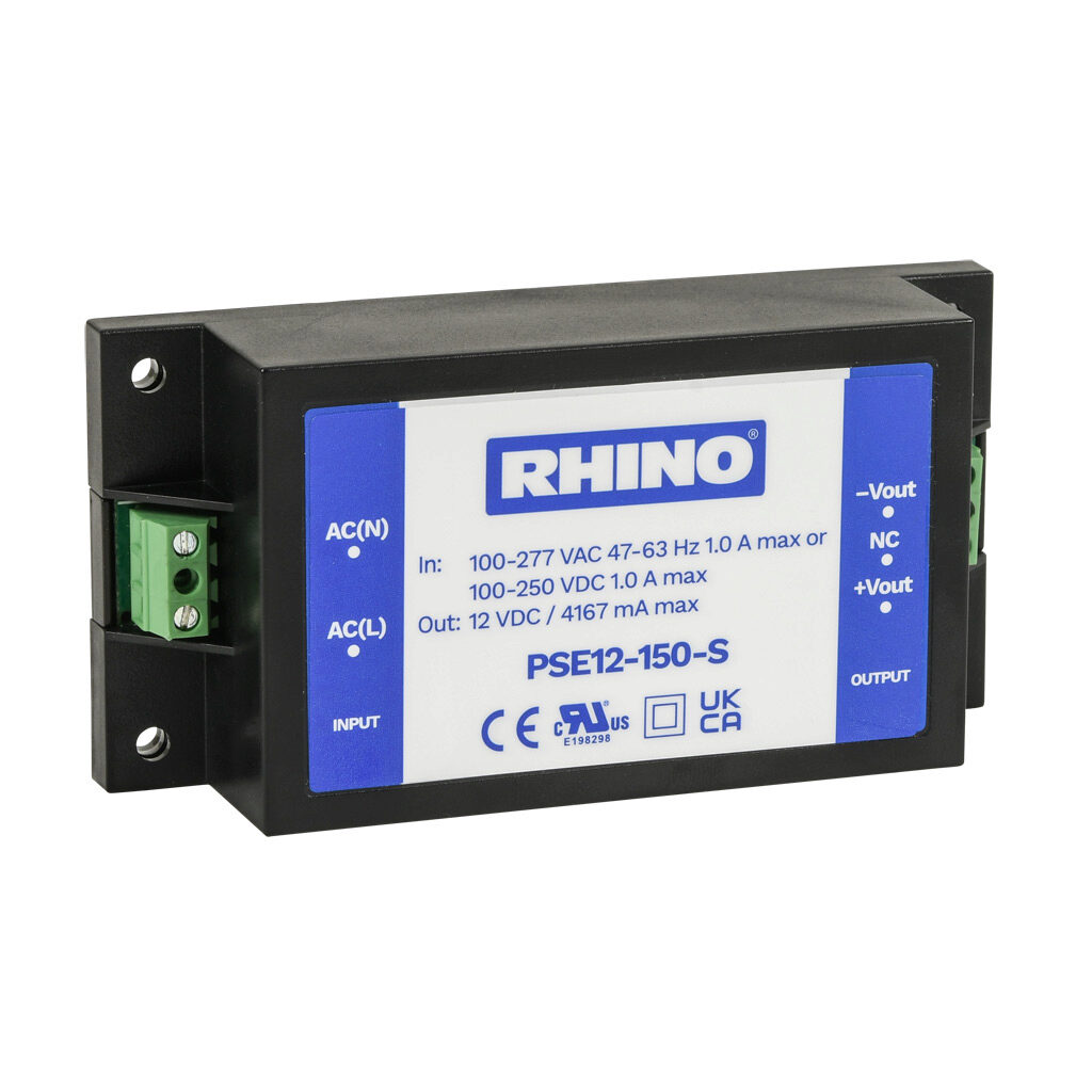 PSE12-150-S - RHINO PSE-S series switching power supply, 12 VDC @ 4.1A/50W, 120 VAC and 240 VAC nominal input, 1-phase, encapsulated, plastic resin and fiberglass housing, chassis mount, screw terminals.