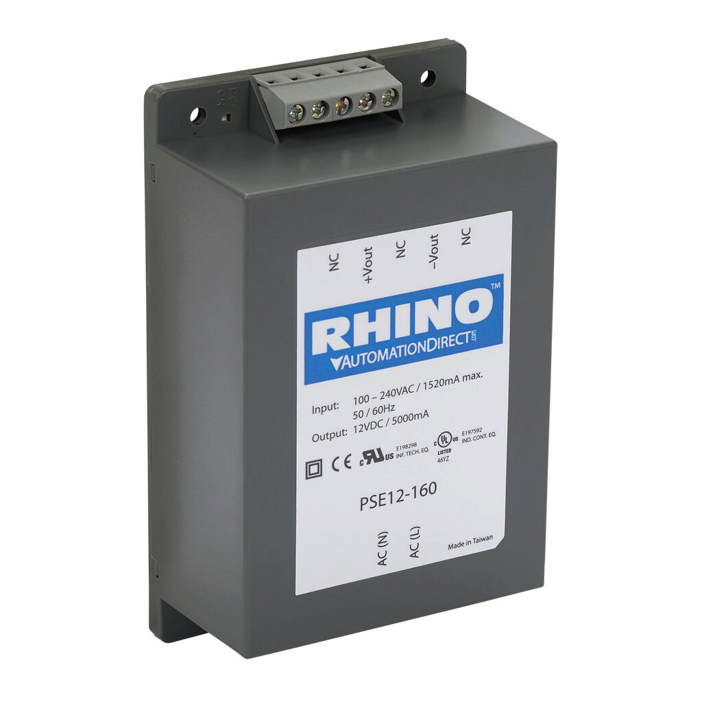 PSE12-160 - RHINO PSE series switching power supply, 12 VDC @ 5A/60W, 120 VAC and 240 VAC nominal input, 1-phase, encapsulated, plastic resin and fiberglass housing, chassis mount, screw terminals.