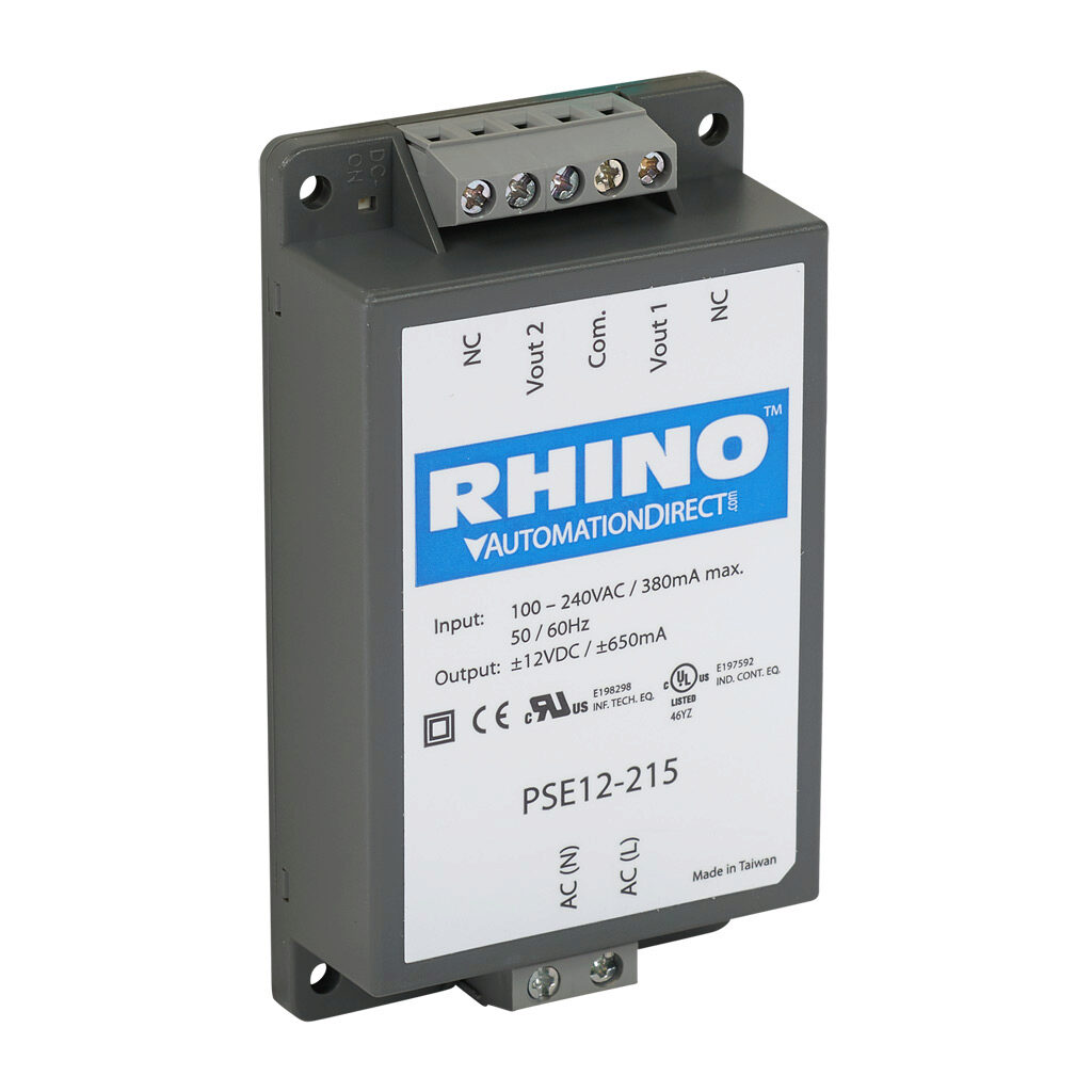 PSE12-215 - RHINO PSE series switching power supply, +12 VDC @ 0.625A/15W and -12 VDC @ 0.625A/15W, 120 VAC and 240 VAC nominal input, 1-phase, encapsulated, plastic resin and fiberglass housing, chassis mount, screw terminals.