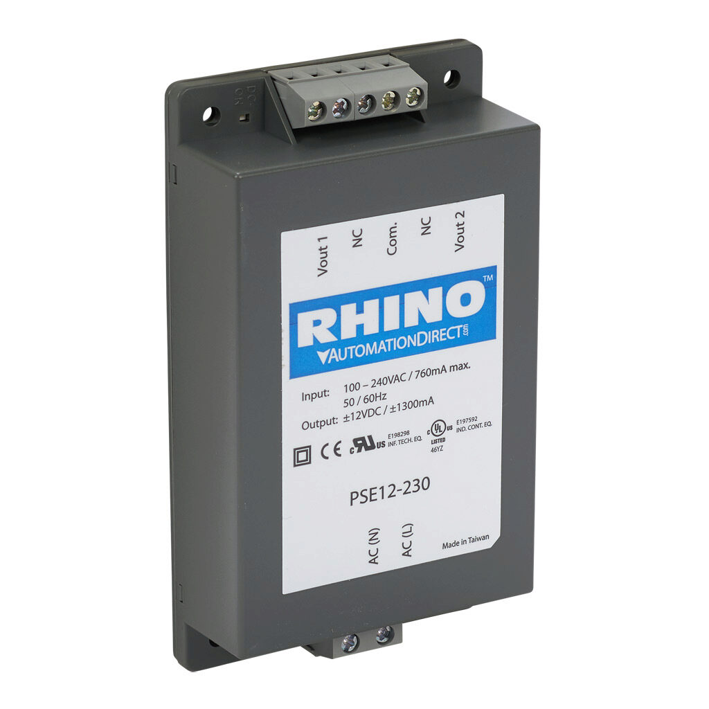 PSE12-230 - RHINO PSE series switching power supply, +12 VDC @ 1.3A/30W and -12 VDC @ 1.3A/30W, 120 VAC and 240 VAC nominal input, 1-phase, encapsulated, plastic resin and fiberglass housing, chassis mount, screw terminals.