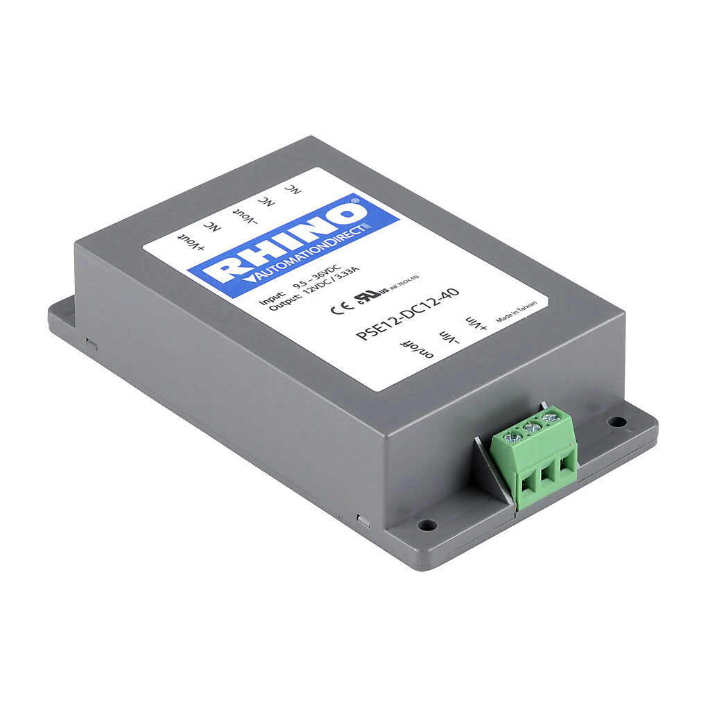 PSE12-DC12-40 - RHINO DC to DC converter, 9.5-36 VDC input, 12 VDC output, 3.33A, 40W, plastic housing, encapsulated, chassis mount, screw terminal.