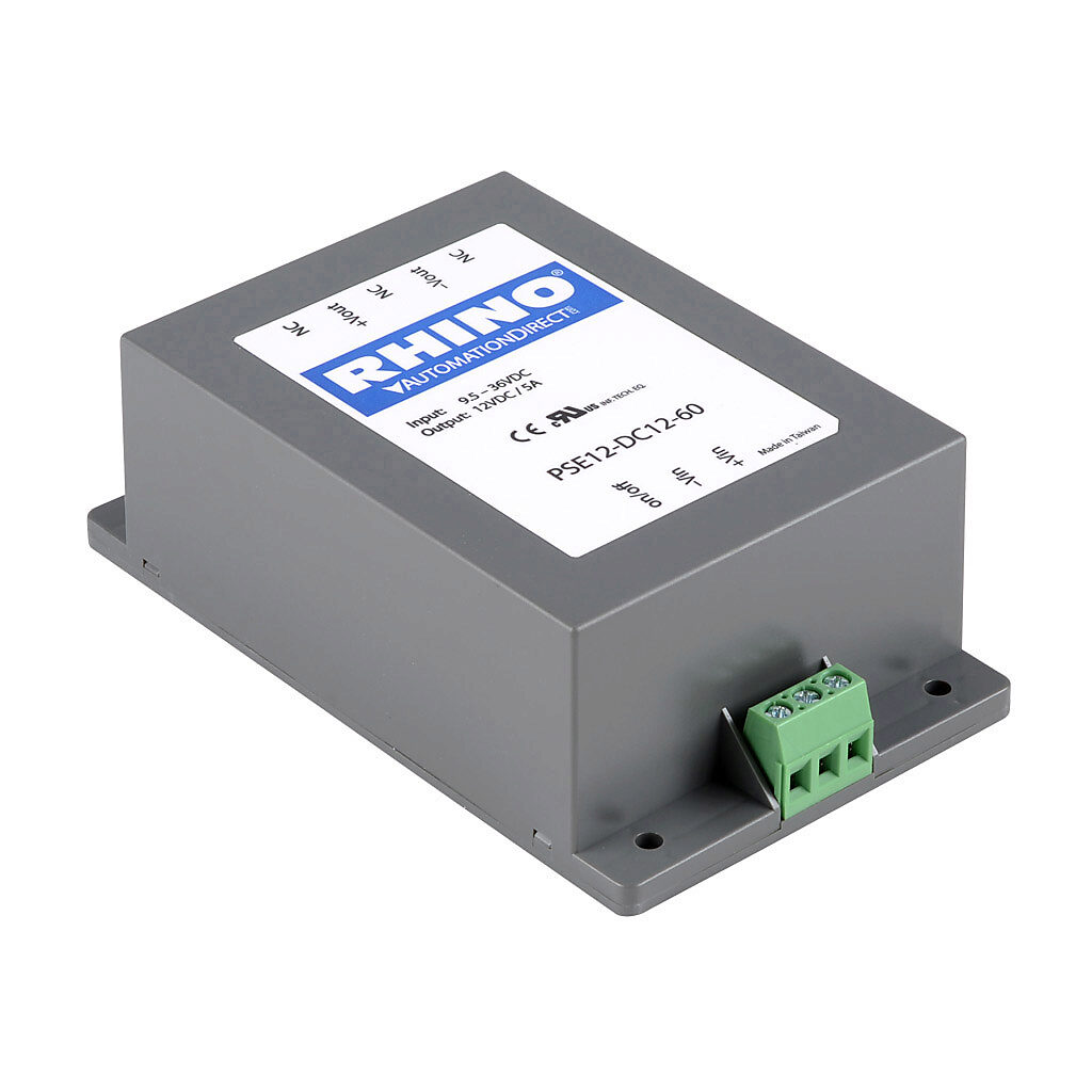 PSE12-DC12-60 - RHINO DC to DC converter, 9.5-36 VDC input, 12 VDC output, 5A, 60W, plastic housing, encapsulated, chassis mount, screw terminal.