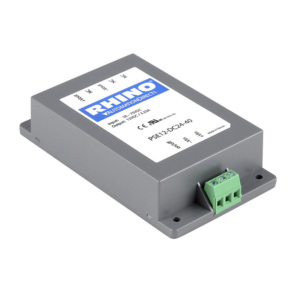 PSE12-DC24-40 - RHINO DC to DC converter, 18-75 VDC input, 12 VDC output, 3.33A, 40W, plastic housing, encapsulated, chassis mount, screw terminal.