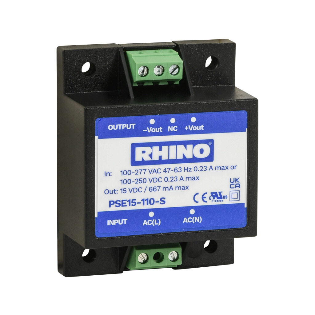 PSE15-110-S - RHINO PSE-S series switching power supply, 15 VDC @ 0.6A/10W, 120 VAC and 240 VAC nominal input, 1-phase, encapsulated, plastic resin and fiberglass housing, chassis mount, screw terminals.