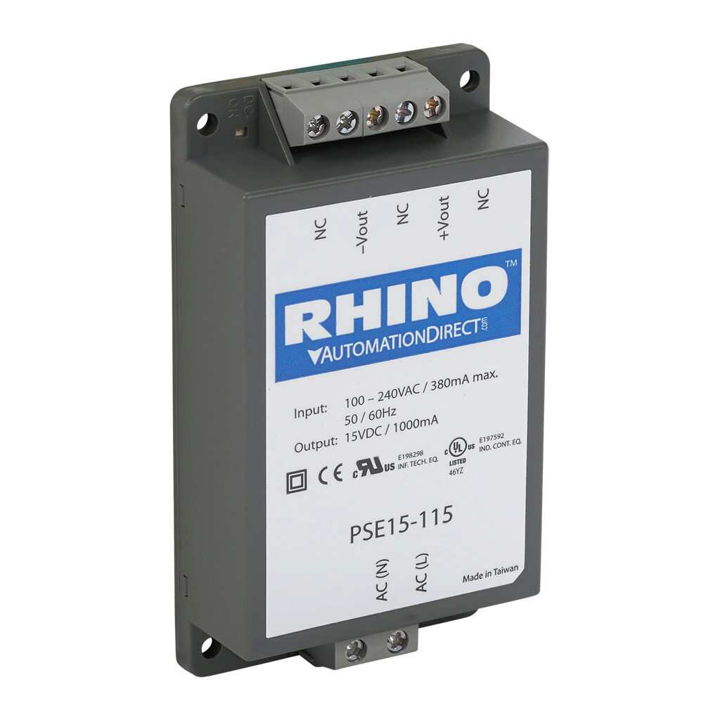 PSE15-115 - RHINO PSE series switching power supply, 15 VDC @ 1A/15W, 120 VAC and 240 VAC nominal input, 1-phase, encapsulated, plastic resin and fiberglass housing, chassis mount, screw terminals.